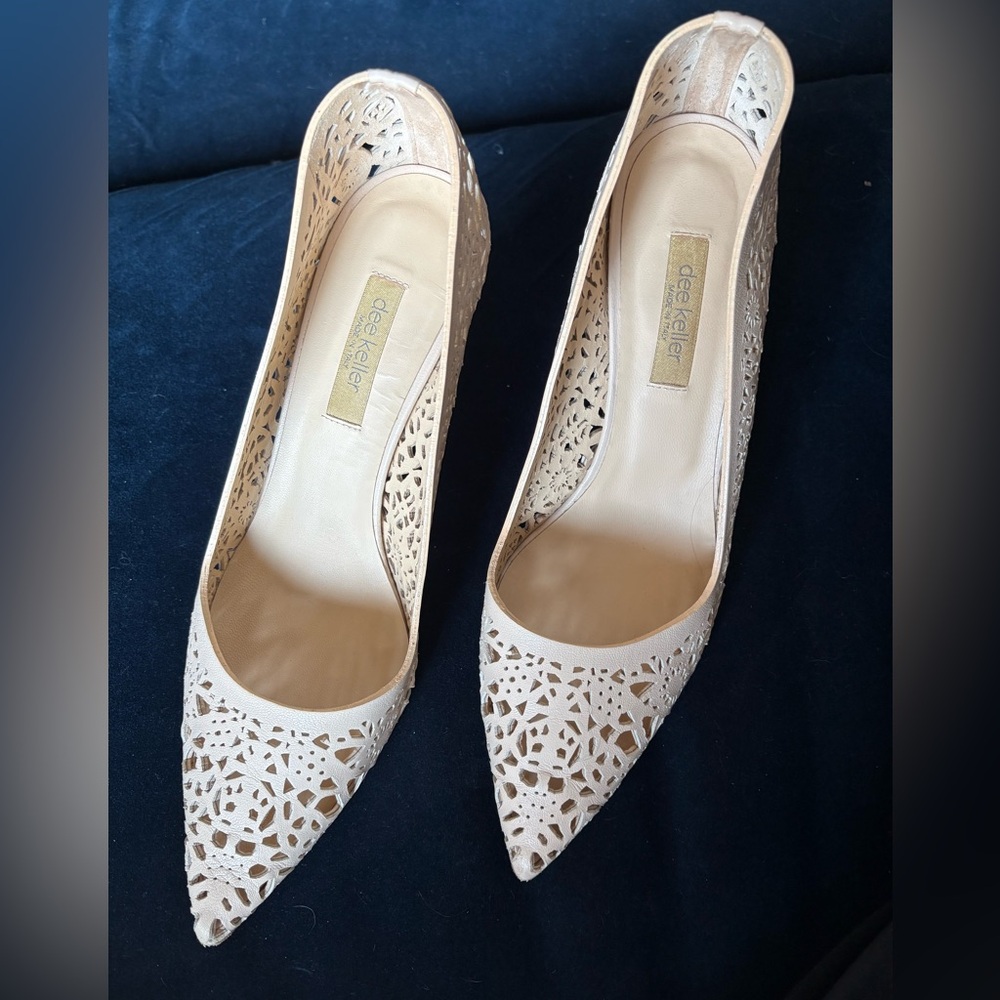 DEE KELLER Nude Carly Leather Lasercut Lace Pumps